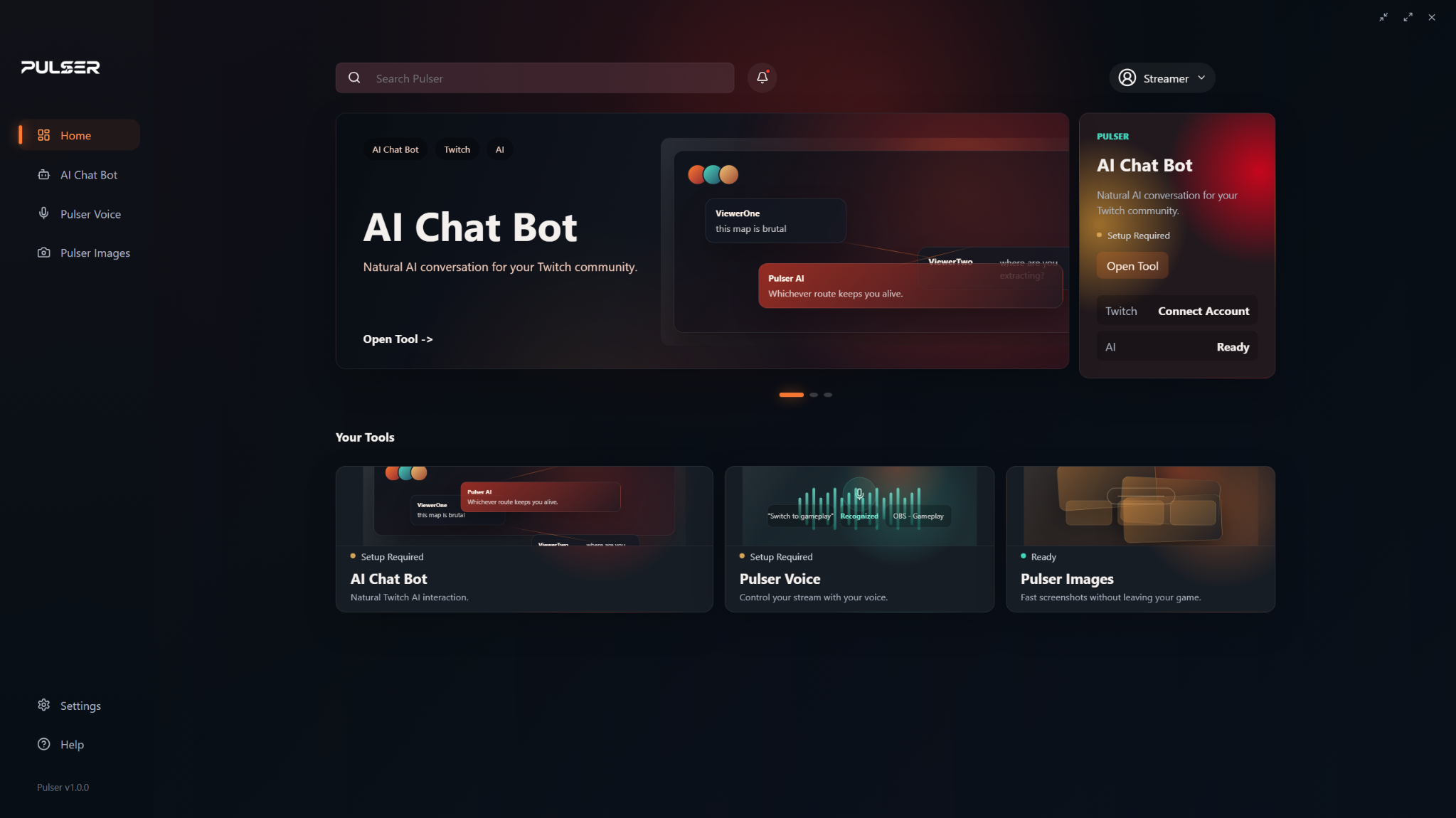 Pulser desktop app dashboard showing AI Chat Bot, Pulser Voice and Pulser Images